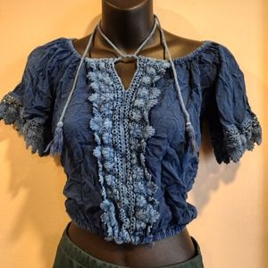 Lace Front Blue Crop Top Detailed Sleeves & Tassels